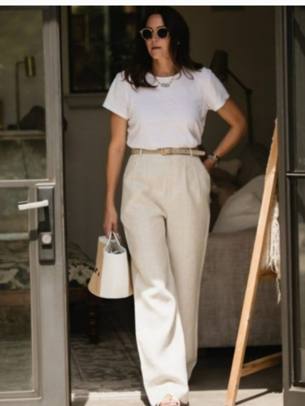 Reformation Earl Linen Pleated High Waisted Wide Leg Trouser Pants Oatmeal Beige - Picture 4 of 9
